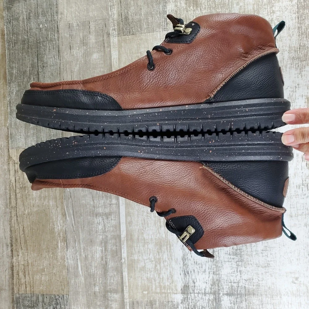 Hey Dude Bradley Mens Chukka Boots Sz 14 M Brown Black Leather Lace Up Mid‎ Top